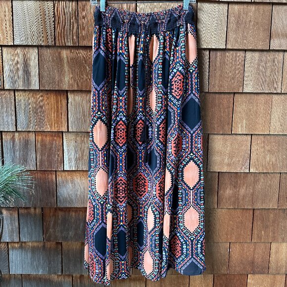 NWT Anthropologie Tribal Print Maxi Skirt With Elastic Smocked Waist in X-Small - Picture 2 of 14